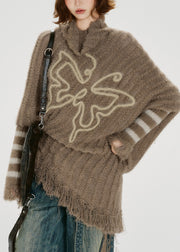 Unique Khaki Turtle Neck Tasseled Knitted Tops Batwing Sleeve