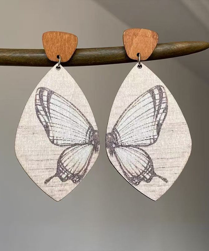 Unique Khaki Wooden Butterfly Drop Earrings