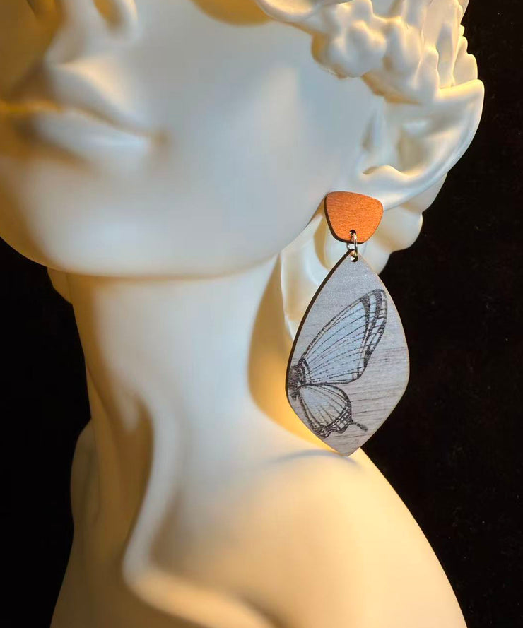 Unique Khaki Wooden Butterfly Drop Earrings