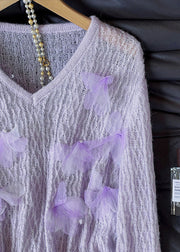 Unique Lavender V Neck Floral Decorated Knit Pullover Fall