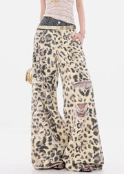 Unique Leopard Hole Patchwork Denim Wide Leg Pants Summer