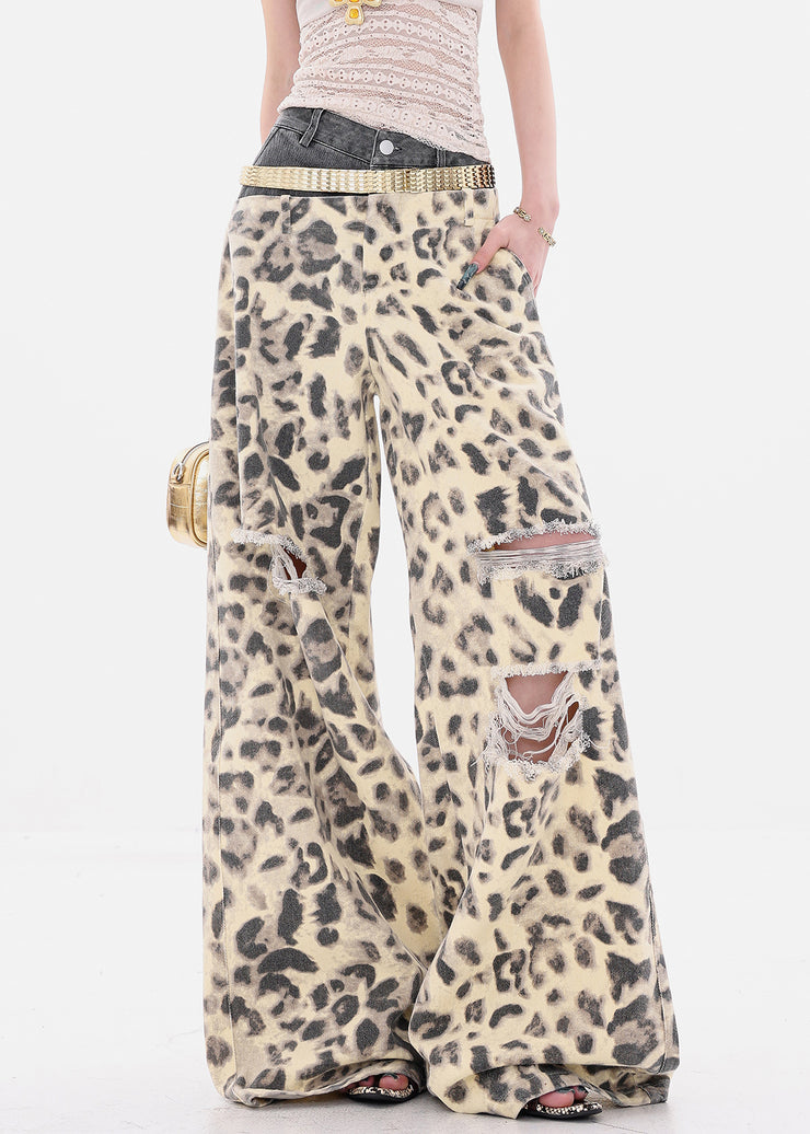 Unique Leopard Hole Patchwork Denim Wide Leg Pants Summer