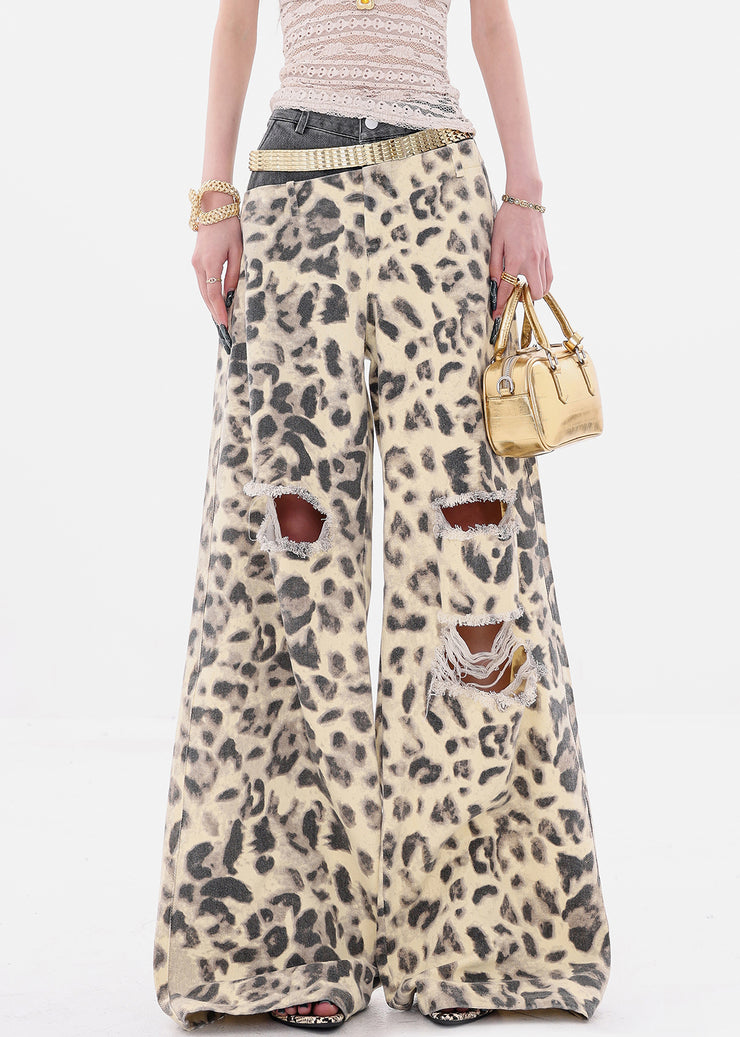 Unique Leopard Hole Patchwork Denim Wide Leg Pants Summer
