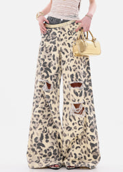 Unique Leopard Hole Patchwork Denim Wide Leg Pants Summer