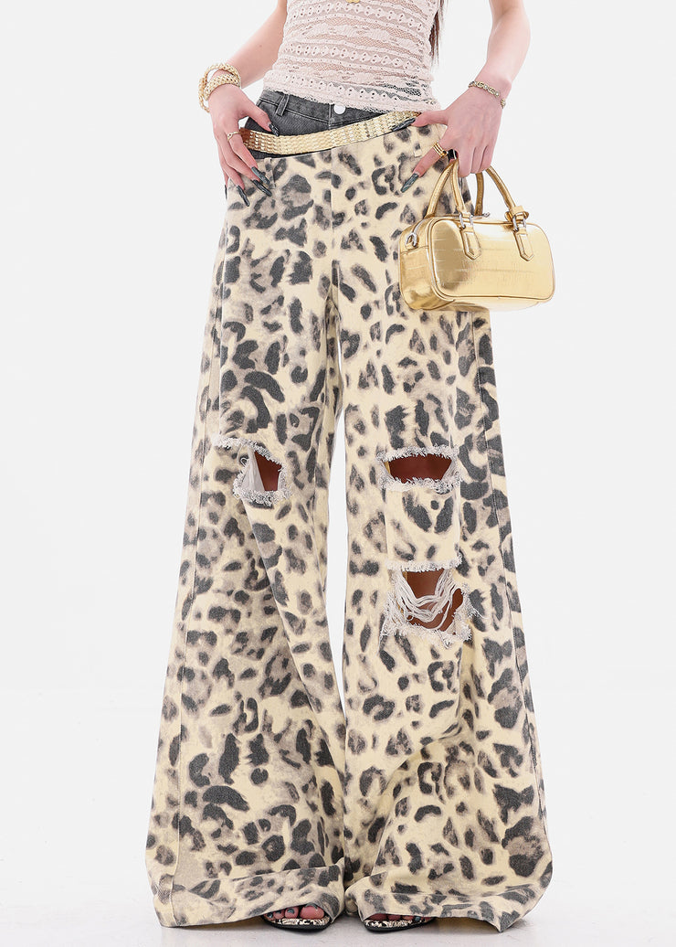 Unique Leopard Hole Patchwork Denim Wide Leg Pants Summer
