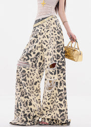 Unique Leopard Hole Patchwork Denim Wide Leg Pants Summer