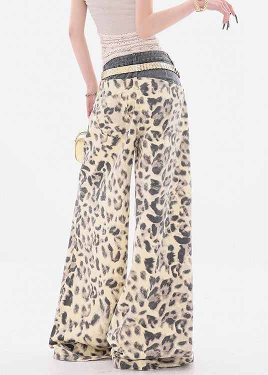 Unique Leopard Hole Patchwork Denim Wide Leg Pants Summer