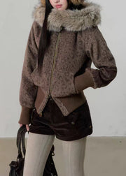 Unique Leopard Hooded Zippered Pockets Woolen Coats Winter