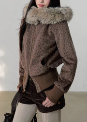 Unique Leopard Hooded Zippered Pockets Woolen Coats Winter