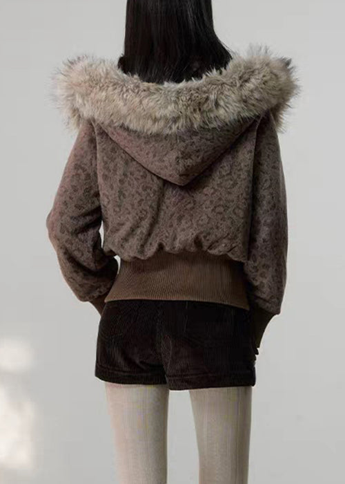 Unique Leopard Hooded Zippered Pockets Woolen Coats Winter