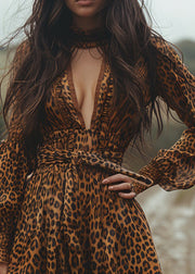 Unique Leopard V Neck Lace Up Cotton Mini Dress Long Sleeve