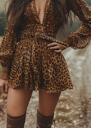 Unique Leopard V Neck Lace Up Cotton Mini Dress Long Sleeve