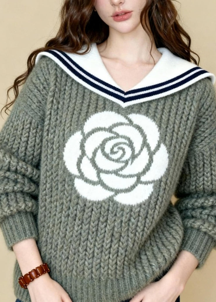 Unique Light Green Sailor Collar Rose Jacquard Knit Sweaters Winter
