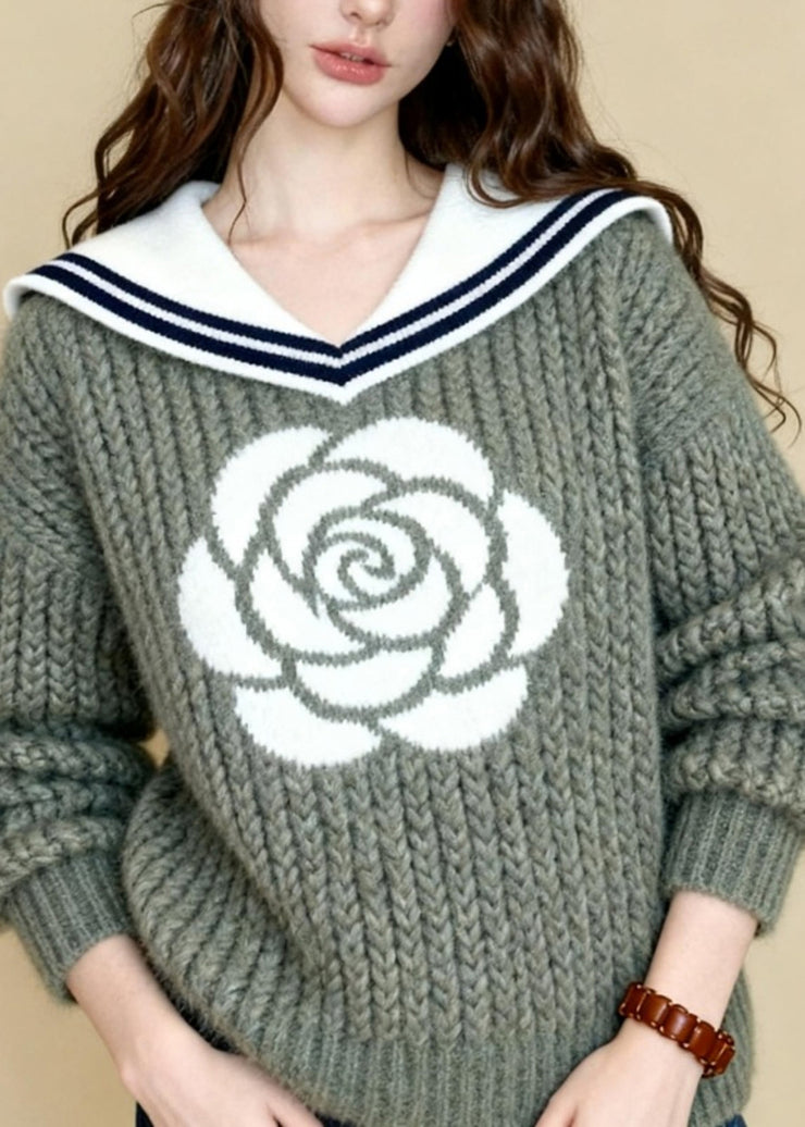 Unique Light Green Sailor Collar Rose Jacquard Knit Sweaters Winter
