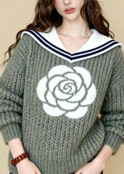Unique Light Green Sailor Collar Rose Jacquard Knit Sweaters Winter