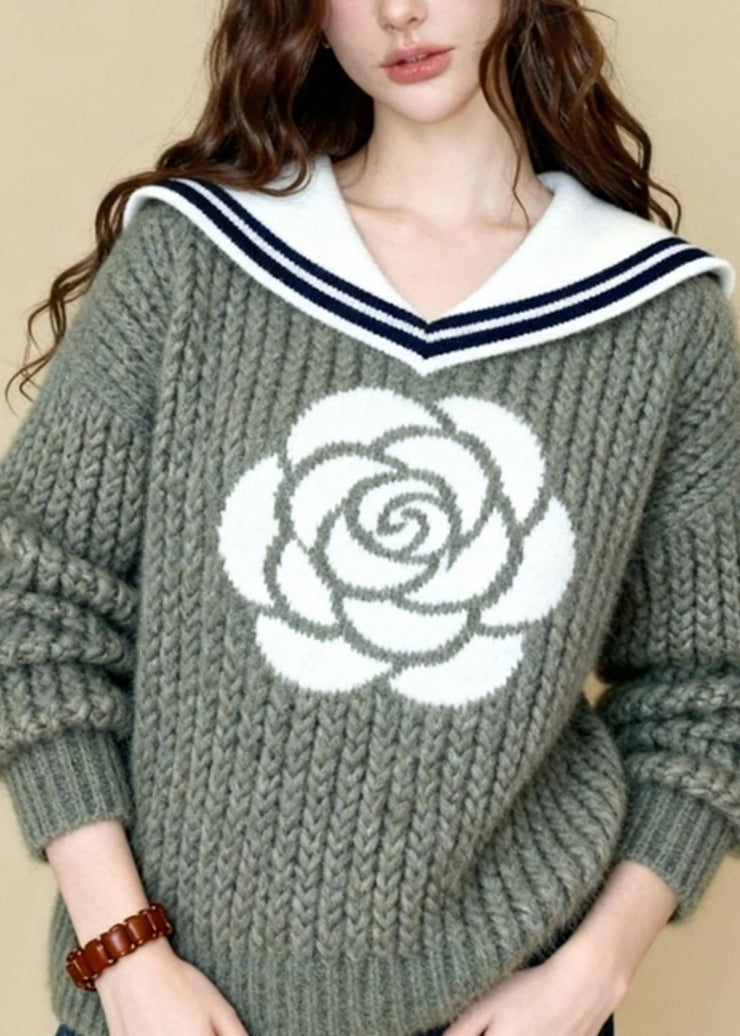 Unique Light Green Sailor Collar Rose Jacquard Knit Sweaters Winter