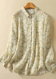 Unique Light Yellow Oversized Print Linen Shirt Tops Spring