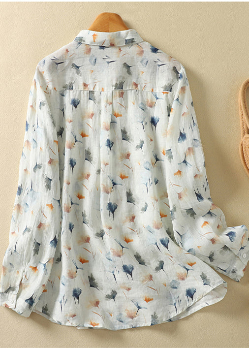 Unique Light Yellow Oversized Print Linen Shirt Tops Spring