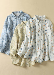 Unique Light Yellow Oversized Print Linen Shirt Tops Spring