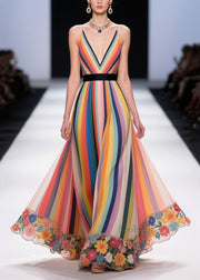 Unique Multicolour Striped Patchwork Flower Chiffon Holiday Dress Summer