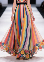 Unique Multicolour Striped Patchwork Flower Chiffon Holiday Dress Summer