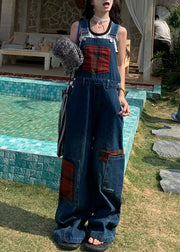 Unique Navy Oversized Patchwork Denim Overalls Jumpsuit Fall