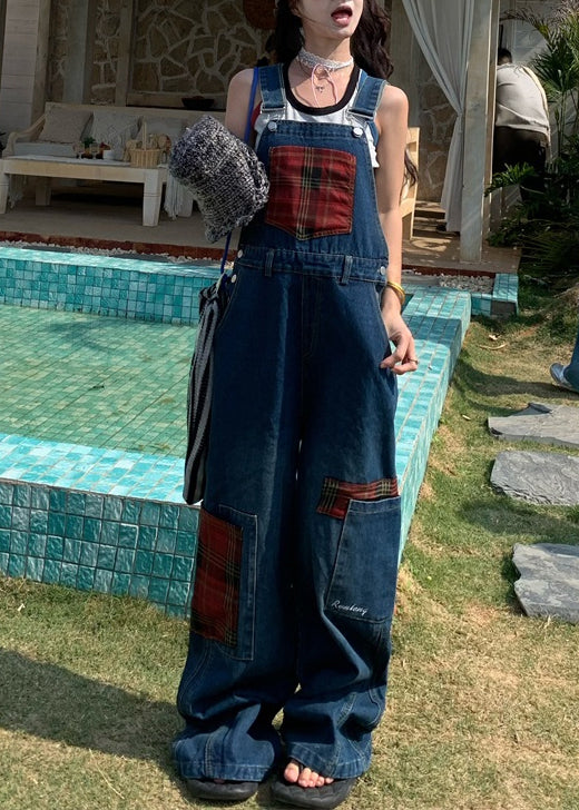 Unique Navy Oversized Patchwork Denim Overalls Jumpsuit Fall