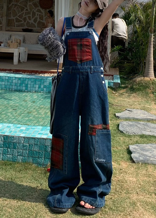 Unique Navy Oversized Patchwork Denim Overalls Jumpsuit Fall