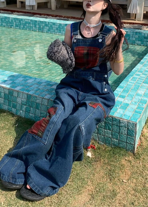 Unique Navy Oversized Patchwork Denim Overalls Jumpsuit Fall