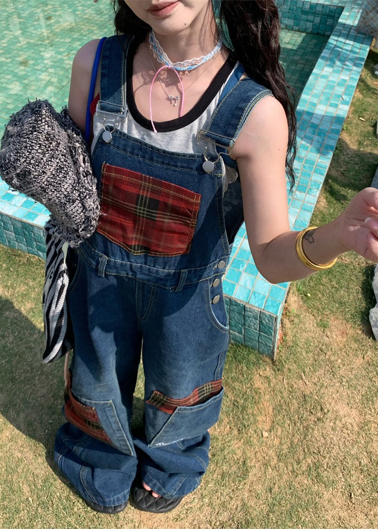 Unique Navy Oversized Patchwork Denim Overalls Jumpsuit Fall