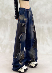 Unique Navy Ripped Patchwork Denim Straight Pants Spring