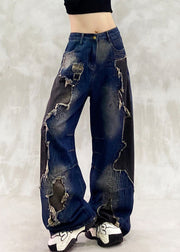 Unique Navy Ripped Patchwork Denim Straight Pants Spring