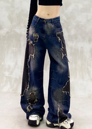 Unique Navy Ripped Patchwork Denim Straight Pants Spring