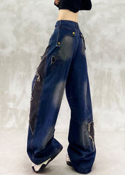 Unique Navy Ripped Patchwork Denim Straight Pants Spring