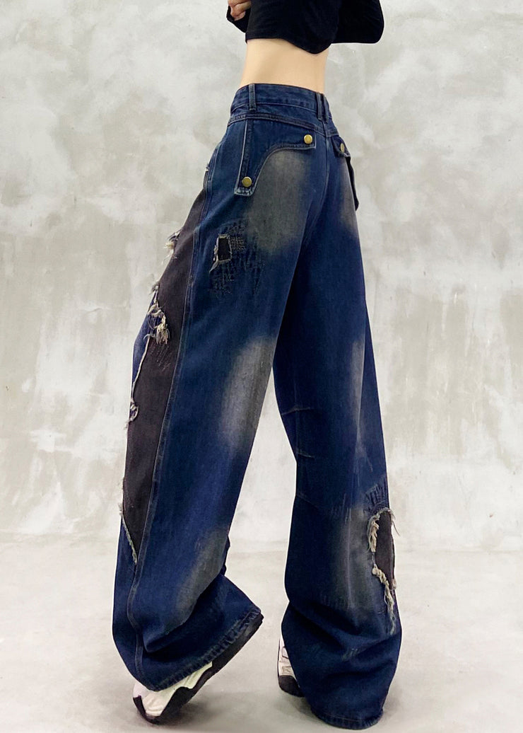 Unique Navy Ripped Patchwork Denim Straight Pants Spring