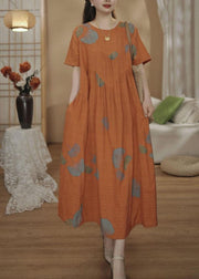 Unique Orange Oversized Print Cotton Maxi Dresses Summer