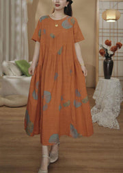 Unique Orange Oversized Print Cotton Maxi Dresses Summer