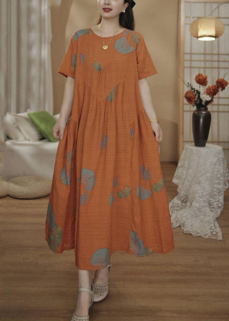 Unique Orange Oversized Print Cotton Maxi Dresses Summer