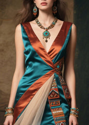 Unique Peacock Green Asymmetrical Patchwork Silk Robe Dresses Summer