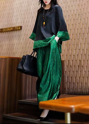 Unique Peacock Green Oversized Patchwork Silk Two Piece Set Summer