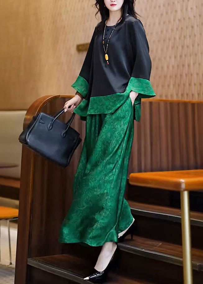 Unique Peacock Green Oversized Patchwork Silk Two Piece Set Summer