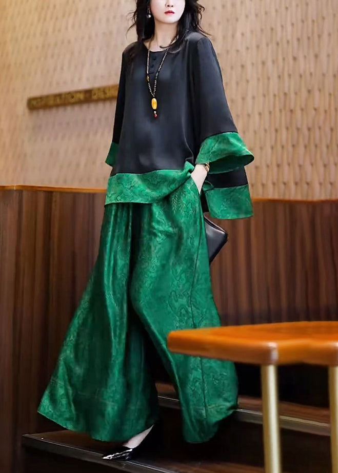 Unique Peacock Green Oversized Patchwork Silk Two Piece Set Summer