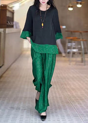 Unique Peacock Green Oversized Patchwork Silk Two Piece Set Summer