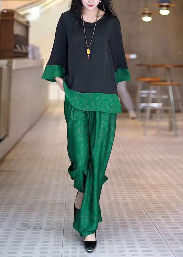 Unique Peacock Green Oversized Patchwork Silk Two Piece Set Summer