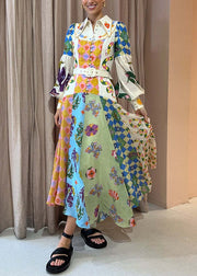Unique Peter Pan Collar Button Print Patchwork Linen Maxi Dresses Spring