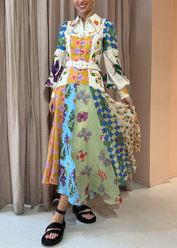 Unique Peter Pan Collar Button Print Patchwork Linen Maxi Dresses Spring