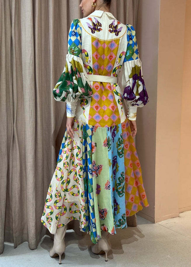 Unique Peter Pan Collar Button Print Patchwork Linen Maxi Dresses Spring