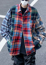 Unique Peter Pan Collar Plaid Patchwork Cotton Men Shirts Spring