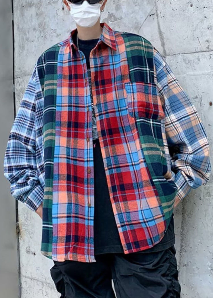 Unique Peter Pan Collar Plaid Patchwork Cotton Men Shirts Spring