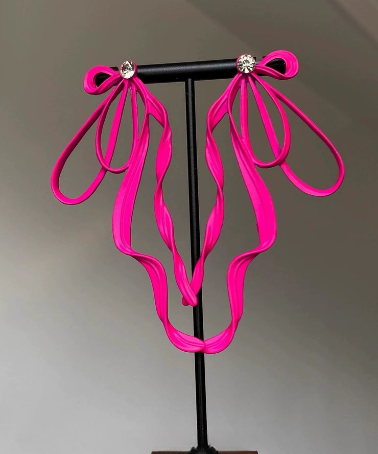 Unique Pink Alloy Zircon Bow Drop Earrings